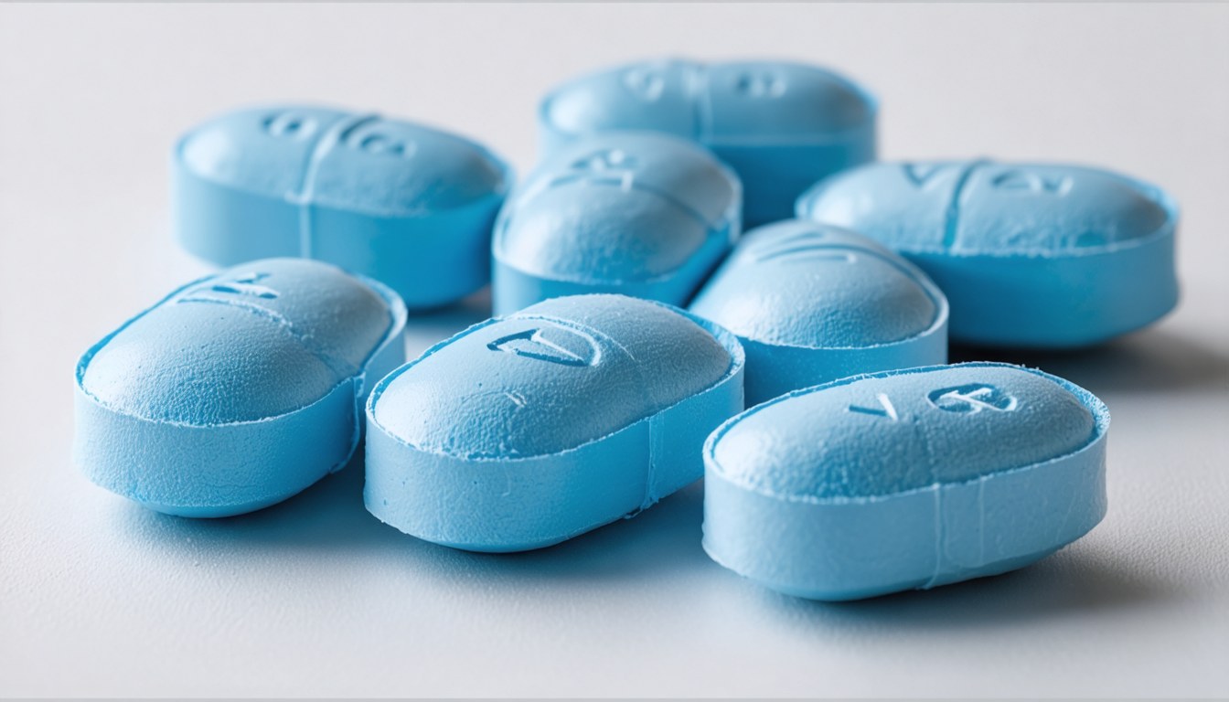 Blue Viagra tablet on a neutral background symbolizing treatment for erectile dysfunction